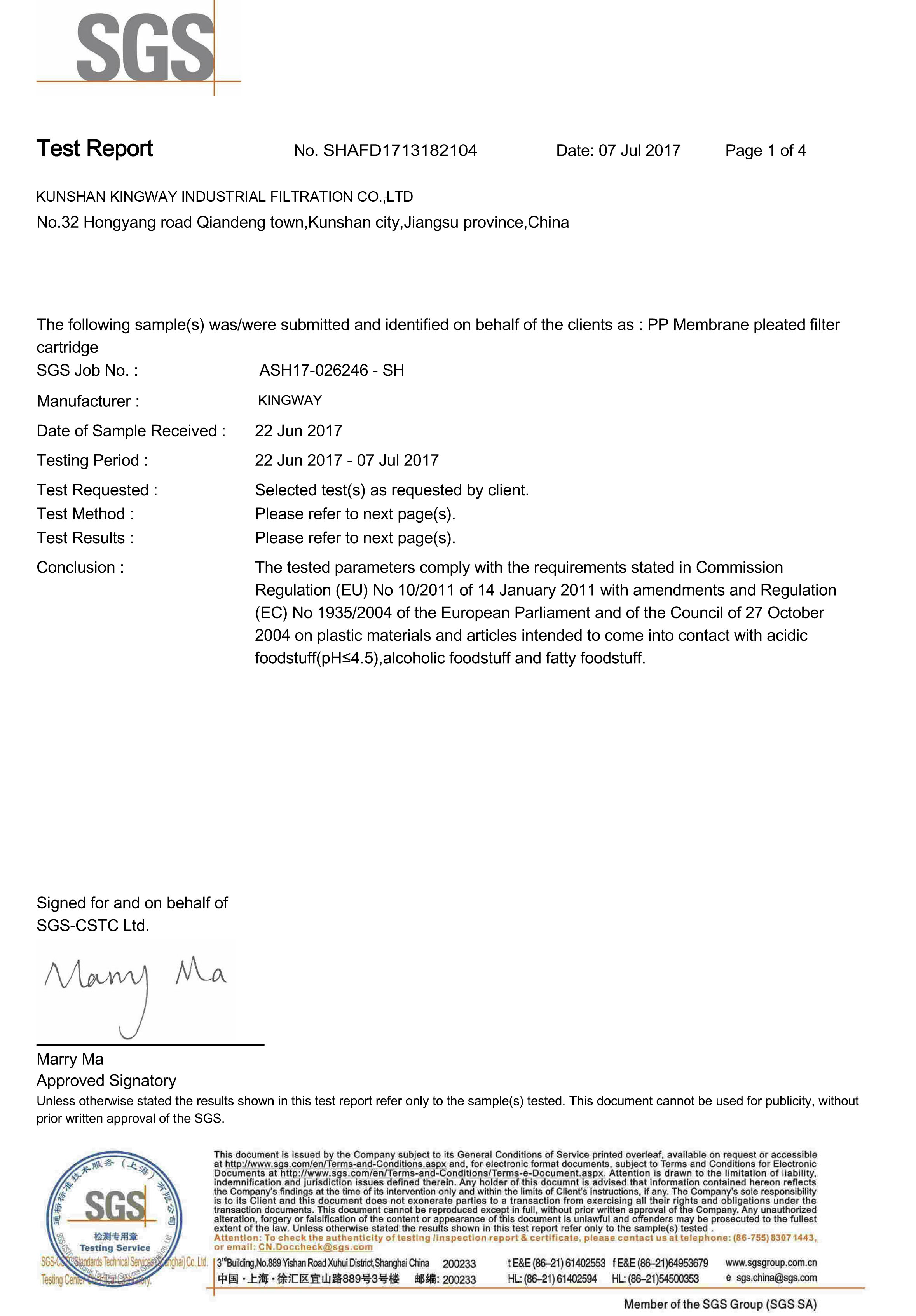 Certification for Pleated Membrane Filter Cartridge