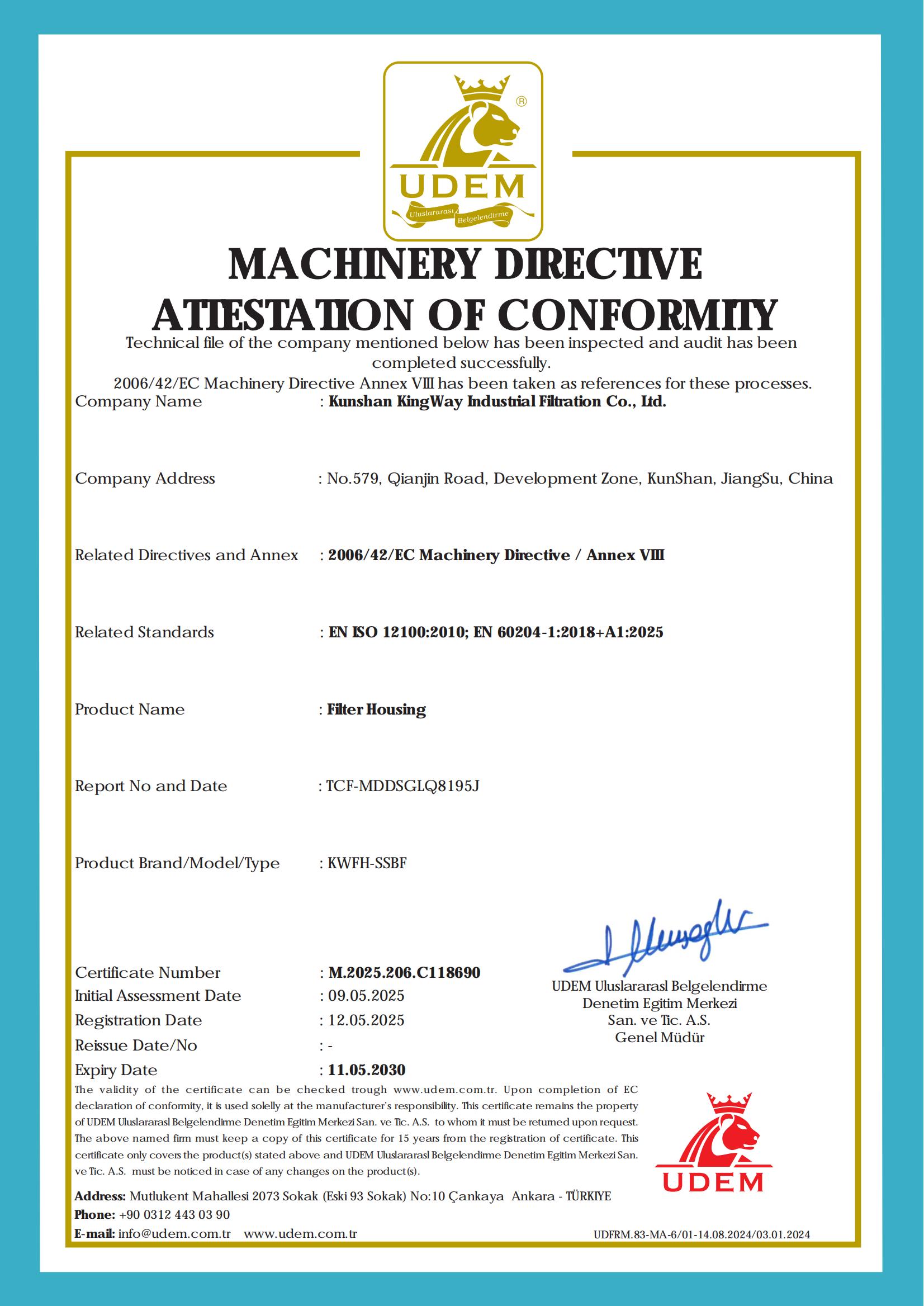 CE certification for Filter Housing